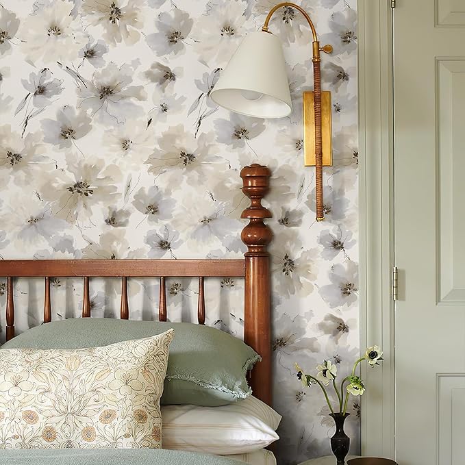 JiffDiff Beige Flower Watercolor Flower Peel and Stick Wallpaper, Honey Wheat Yellow, 17.3x393.7 inch, 48.5 sq ft, Straight Match