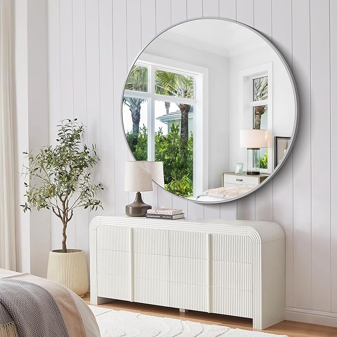 KOCUUY 48" Large Silver Round Mirror, Oversized Wall Mounted Bathroom Metal Framed Circle Mirror, Modern Vanity Circular Mirrors for Wall, Over Sink, Living Room, Bedroom Decor