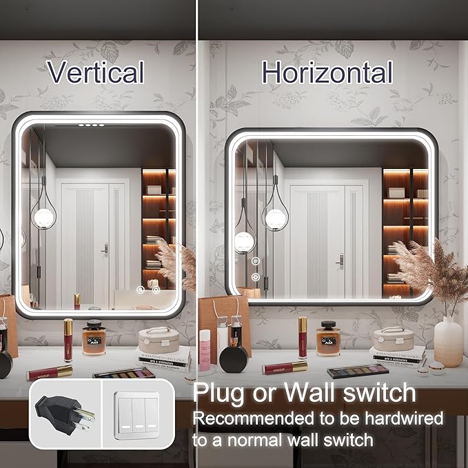 30x36 Inch Black LED Mirror for Bathroom with Lights, Framed Lighted Bathroom Vanity Mirrors, Wall Mounted, Stepless Dimmable, Anti-Fog, Memory Funtion, Horizontal or Vertical