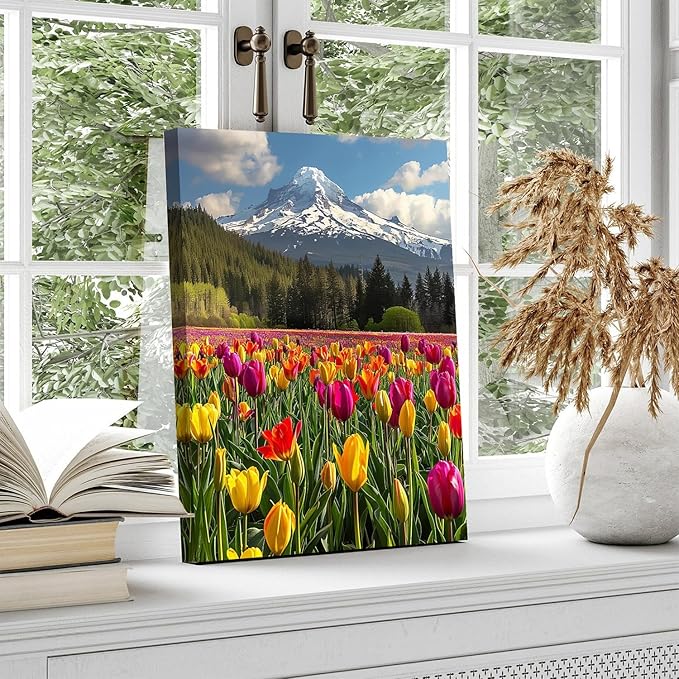 Mt Hood Mountain Wall Art Yellow Flowers Wall Decor Snow Mountains Landscape Canvas Prints Tulips Flower Field Scenery Pictures Nature Forest Artwork for Bedroom Living Room Home Decoration 12x16"