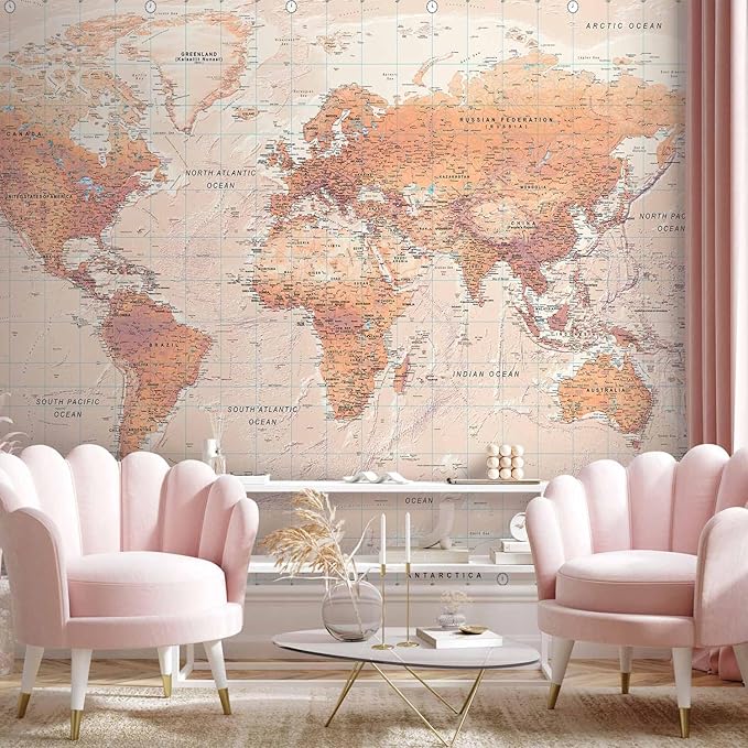 artgeist Premium Wall Mural World Map 157x110 in - XXL Non-Woven Wallpaper Fleece Wall Decor Photo Print Picture Image Design Home Map of The World k-A-0091-a-c