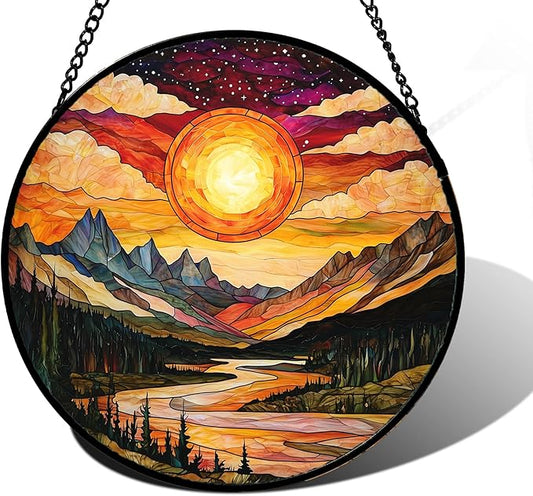 Stained Glass Window Hanging, Dusk Sunset Landscape Sun Catchers Glass Panel Lakes and Mountains Suncatcher Decor for Birthday for Women, Men, Wife, Aunt, and Mom 6.3 in