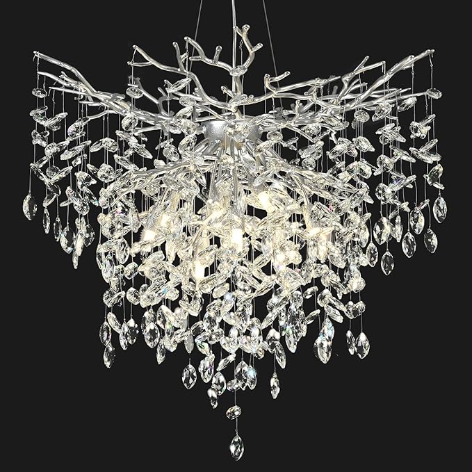 32 inch Crystal Chandelier for Dining Room, Round Silver Tree Branches Chandeliers, Top K9 Crystal Chandelier, Modern Chandeliers for Kitchen,Foyer Entryway,Luxury Adjustable Hanging Chandeliers