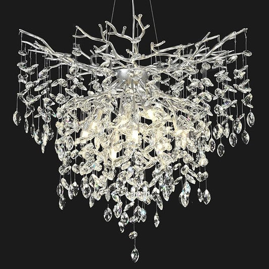 32 inch Crystal Chandelier for Dining Room, Round Silver Tree Branches Chandeliers, Top K9 Crystal Chandelier, Modern Chandeliers for Kitchen,Foyer Entryway,Luxury Adjustable Hanging Chandeliers