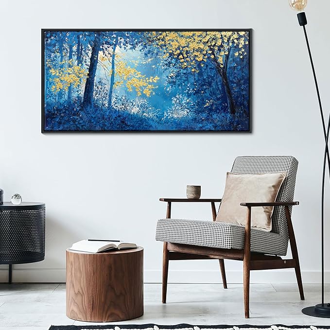 Blue and Gold Canvas Wall Art - Forest Bedroom Wall Art - Tree Wall Pictures for Living Room, Office, or Bedroom - Nature Landscape Canvas Decor Framed Painting 24×48IN