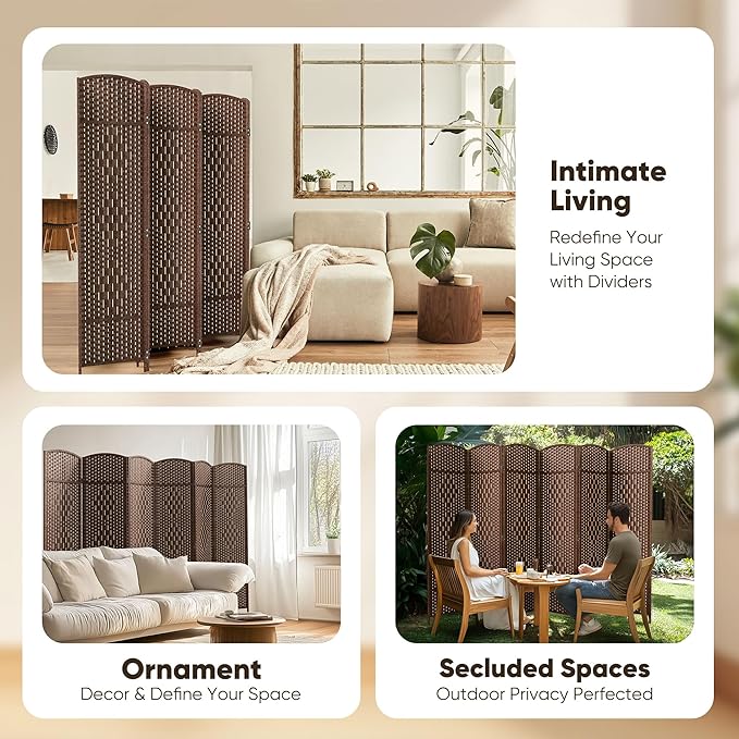 JOSTYLE Room Divider 6ft. Tall Extra Wide Privacy Screen, Folding Privacy Screens with Diamond Double-Weave Room dividers and Freestanding Room Dividers Privacy Screens(Brown, 6-Panel)