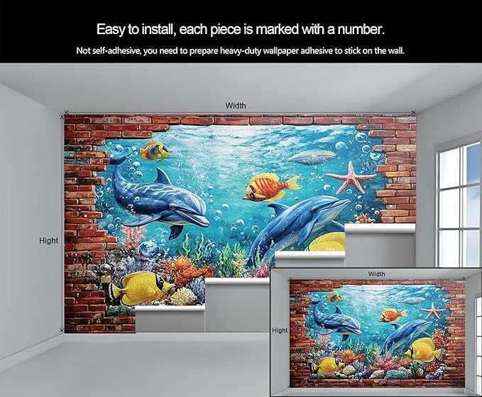 Ocean World Mural Wallpaper, Cartoon Dolphin Murals, Coral Starfish Poster Murals Wallpaper for Living Room Bedroom Home Decor Mural - 55" W x 28" H (Not Peel Stick)