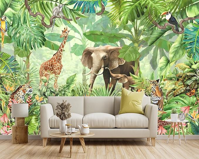 -Green Rainforest Plants Animals Tiger Cloth Wallpaper Jungle Plants Banana Leaves Boys Girls Kindergarten Children's Room Large Mural- 91"x65"（ not Peel and Stick）