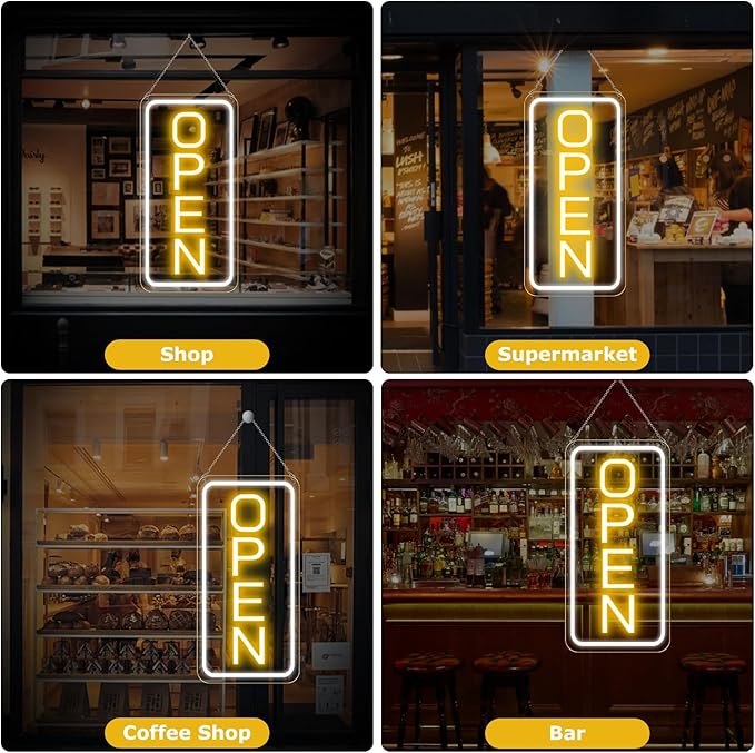 22.8"x 11.8" Ultra Bright 12V Neon Open Sign for Business, LED Open Neon Sign, Electric Light up Signs for Stores, Restaurants Offices Retail Shops Window (Yellow-White-Vertical)