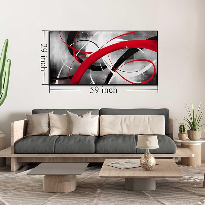 Abstract Wall Art for Living Room, Black White and Red Line Canvas Wall-Decor for Bedroom, Large Size 29x59 Inches Framed
