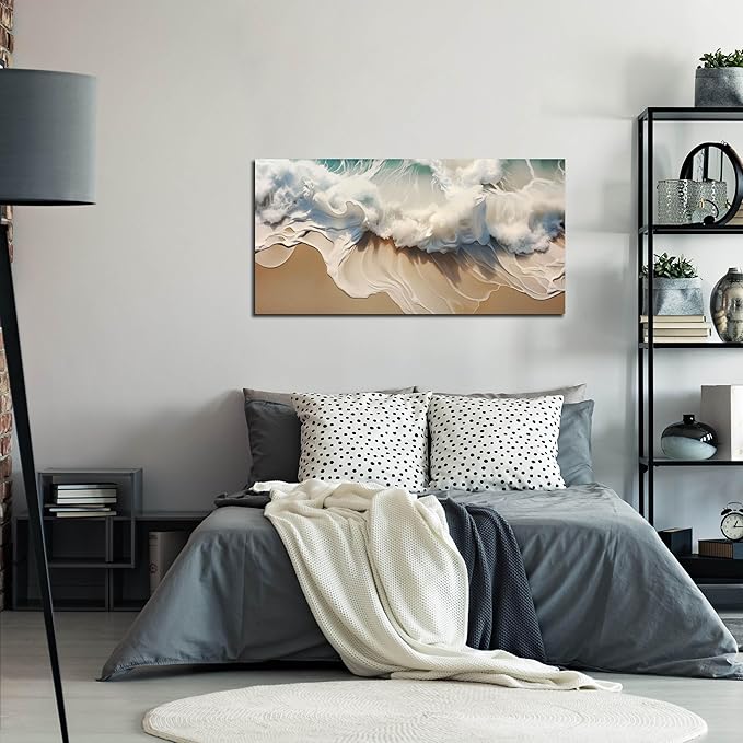 Ocean Waves Canvas Wall Art for Living Room, Beach Scenery View Home Decor Picture, Sea Waves Canvas Wall-Decoration, Seaside Scene Decorative Print Artwork for Office Bedroom, Size 40x20 Inches