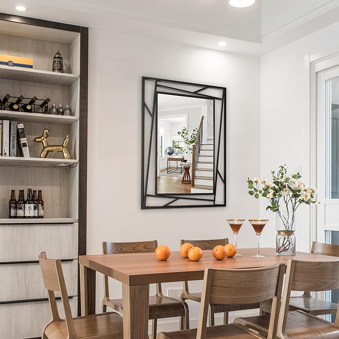 Black Bathroom Mirror 36''X24'' Rectangle Decorative Wall Mirrors with Geometric Metal Frame for Bathroom, Living Room, Bedroom, Entrance, Horizontal/Verticall, Easy to Install