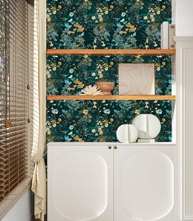 Blue Floral Peel and Stick Wallpaper Boho Leaf Contact Paper Dark Watercolor Removable Self Adhesive Waterproof Wall Paper for Cabinet Drawers Wall Decor Renter Friendly 17.5''x118.1''