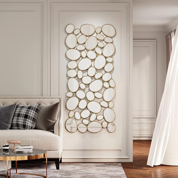 Gold Wall Mirrors Decorative - 23x51 Inch Large Living Room Mirrors for Wall Decor, 55 Piece Multi-Size Pebble Design Metal Framed Accent Mirror for Modern Entryway, Home Decor