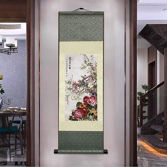 AtfArt Asian Wall Decor Beautiful Silk Scroll Painting Flowers - Rich and noble - Rich White Head Oriental Decor Chinese Art Wall Scroll Wall Hanging Painting Scroll (36.2x 12 in)