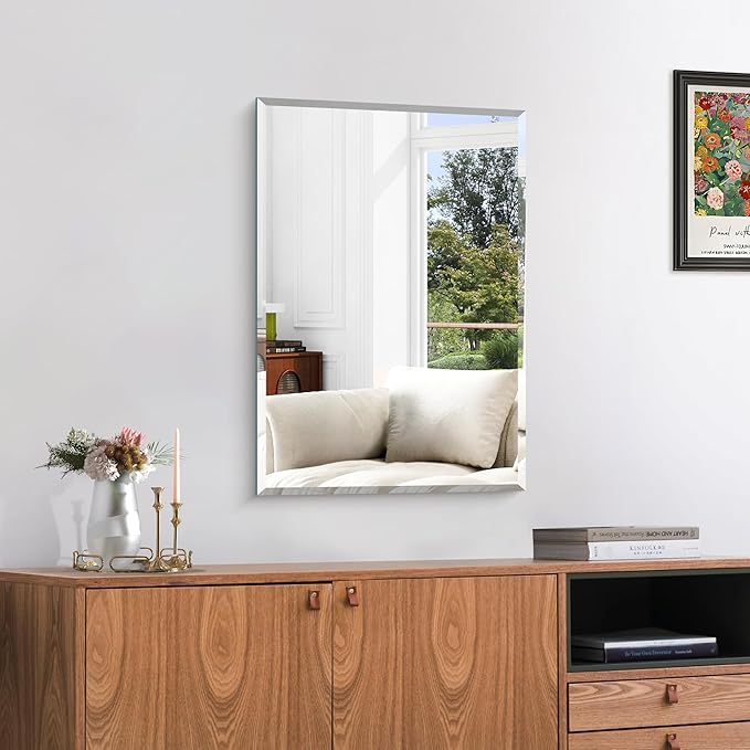 KOCUUY Frameless Bathroom Mirror, 16x24 Inch Beveled Mirror for Over Sink, Upgraded Shatterproof Unframed Design with Beveled Edge Mirror for Bathroom, Bedroom, Entryway, Hang Horizontal/Vertical