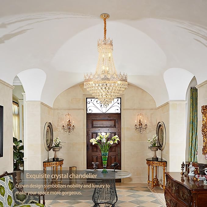 KoKo&Yukina Gold 23.6" French Empire Crystal Chandelier 14 Lights K9 Crystal Chandeliers Modern Farmhouse Crystal Chandeliers Adjustable Hanging Chandelier for Living Room Dining Room Bedroom