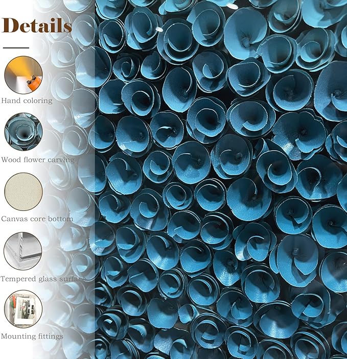 LIUZEYUE - Frame artwork on the wall, handmade wooden flowers, 3D wall decoration, modern living room, 31.5 "x31.5 blue