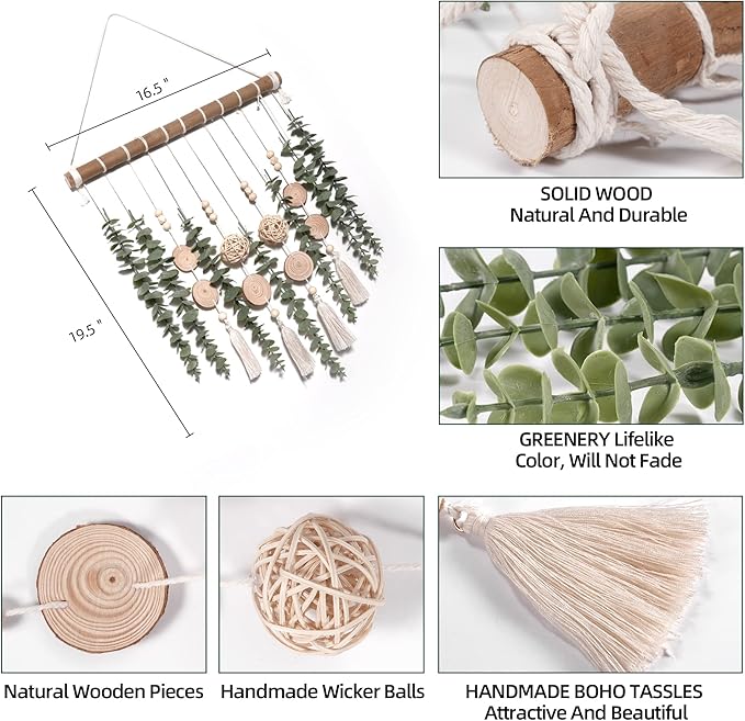 Boho Bathroom Decor Artificial Eucalyptus Hanging Wall Decor Fake Greenery Leaves Plants Wicker Ball on 16.5 inch Stick Rustic Farmhouse Natural Bedroom Kitchen Nursery Office Decorations