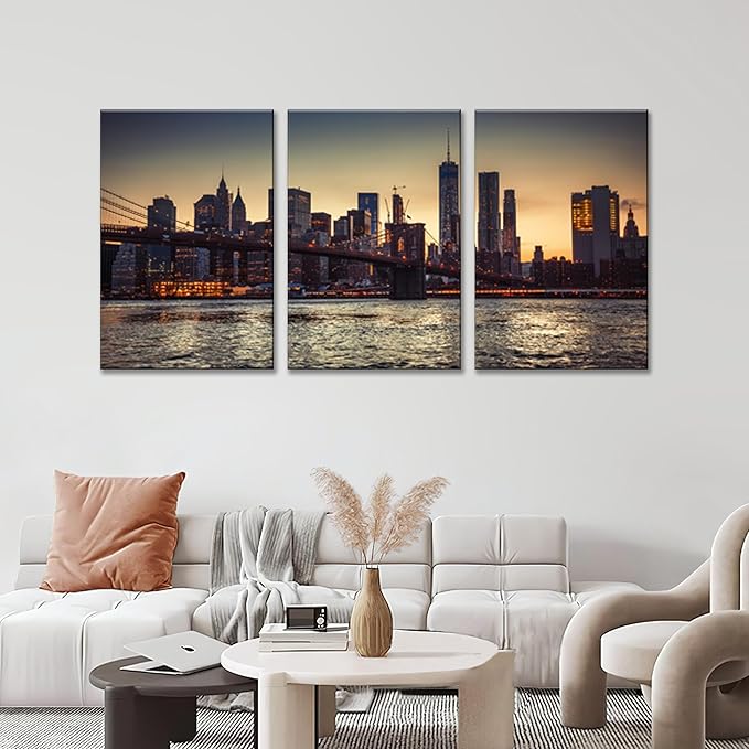 NAN Wind 3PCS New York City Skyline Canvas Wall Art Brooklyn Bridge at Sunset Golden Hour Manhattan Cityscape Pictures Canvas Artwork East River Reflection Modern Urban Home Decor Living Room Office
