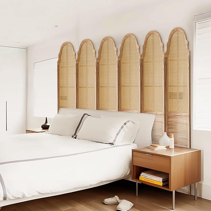 6 Panel Rattan Room Divider, 6 FT Tall Portable Partition Solid Wood Frame Folding Privacy Screen, Partition Room Divider Ideal for Bedroom Living Room Office, Light Brown