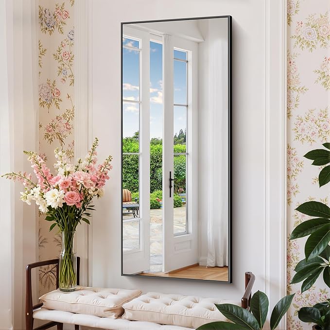 Black Bathroom Mirror for Wall, 20x48 Inch Rectangle with Metal Frame, Modern Vanity for Bathroom Living Room, Entryway Hangs Horizontal or Vertical