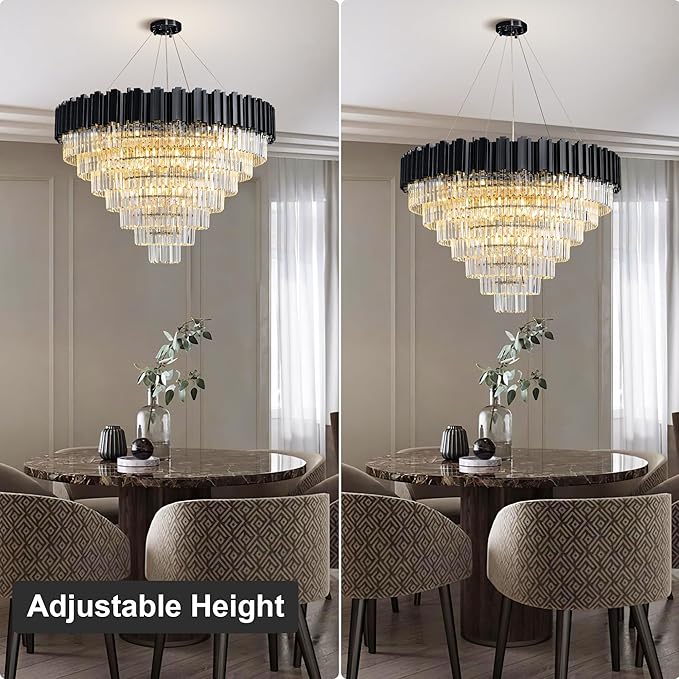 7-Tier 39" Black Chandelier, 21-Light Modern Crystal Chandelier, Luxury Round K9 Crystal Chandeliers Pendant Light Fixture for Dining Room, Living Room, Bedroom, Foyer, Entryway, Kitchen, Restaurant