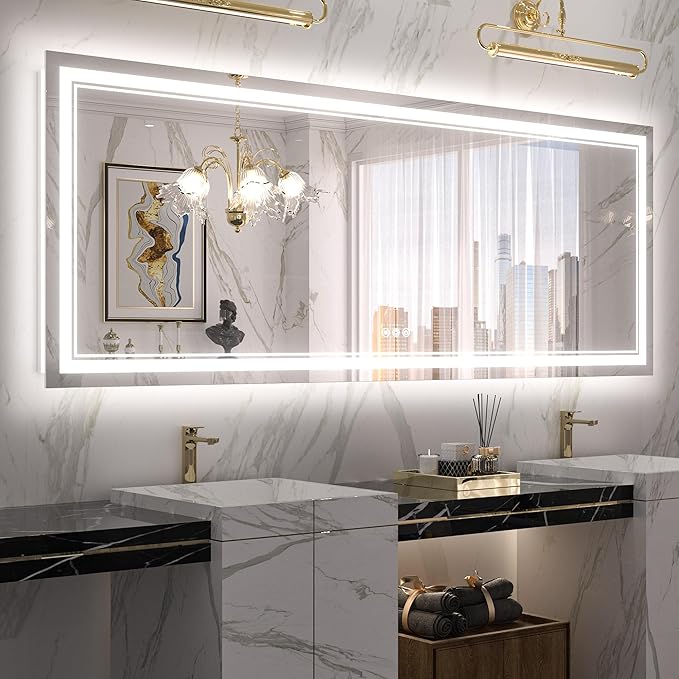 Keonjinn LED Bathroom Mirror 84" x 32" with Frontlit and Back Light, Large Tempered Glass Stepless 3 Colors Temperature & Dimmable Wall Mirror, UL Listed LED Driver, Double LED Strips, Anti-Fog Mirror
