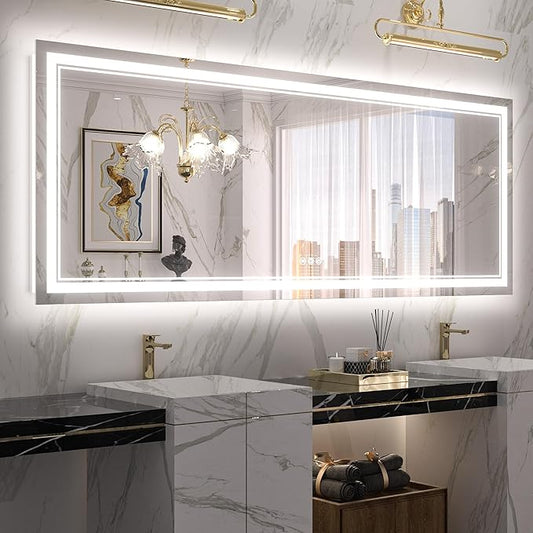 Keonjinn LED Bathroom Mirror 84" x 32" with Frontlit and Back Light, Large Tempered Glass Stepless 3 Colors Temperature & Dimmable Wall Mirror, UL Listed LED Driver, Double LED Strips, Anti-Fog Mirror