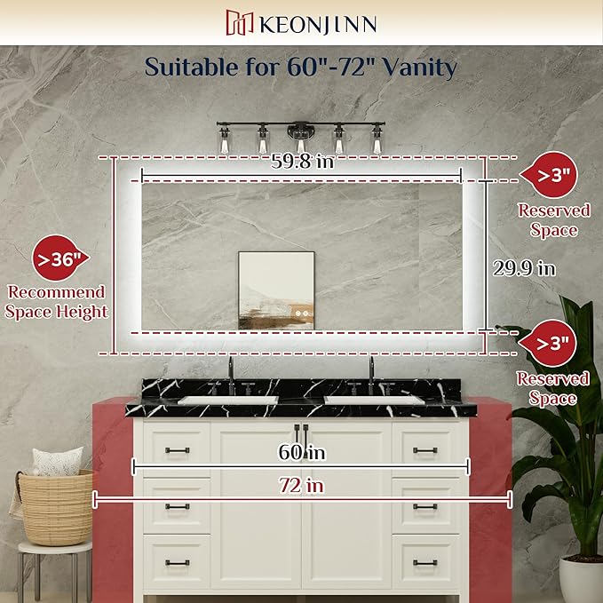 Keonjinn 60 x 28 Inch LED Bathroom Mirror with Lights Backlit Vanity Mirror Anti-Fog Lighted Bathroom Mirror Large Wall Mounted Dimmable Makeup Mirror with Memory Function(Horizontal/Vertical)