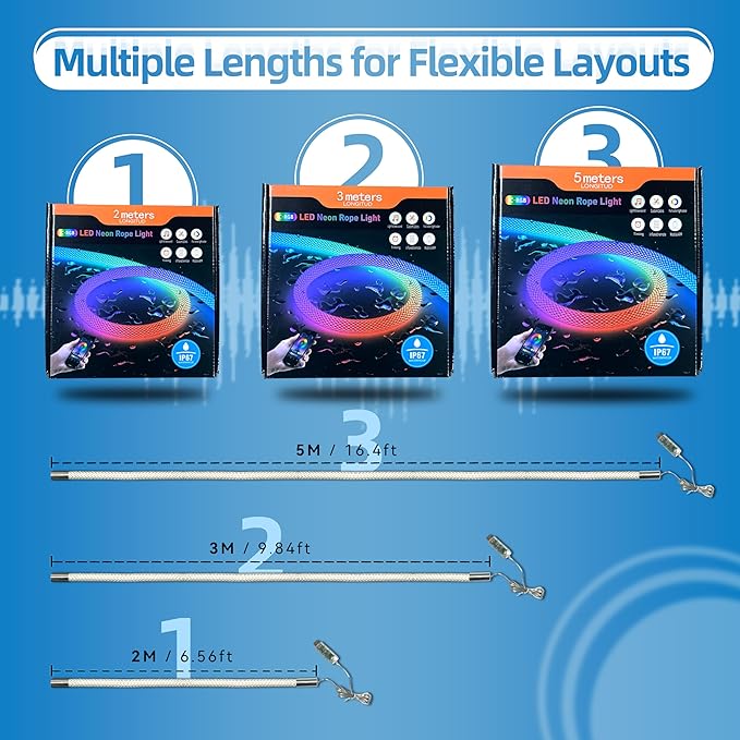 6.56ft Neon LED Rope Lights, 360 Led Light Strip Waterproof Strip with Music Sync,Remote & APP Control,USB-Powered Flexible Lighting for Indoor/Outdoor Gaming Room,Bedroom, and Wall Decor