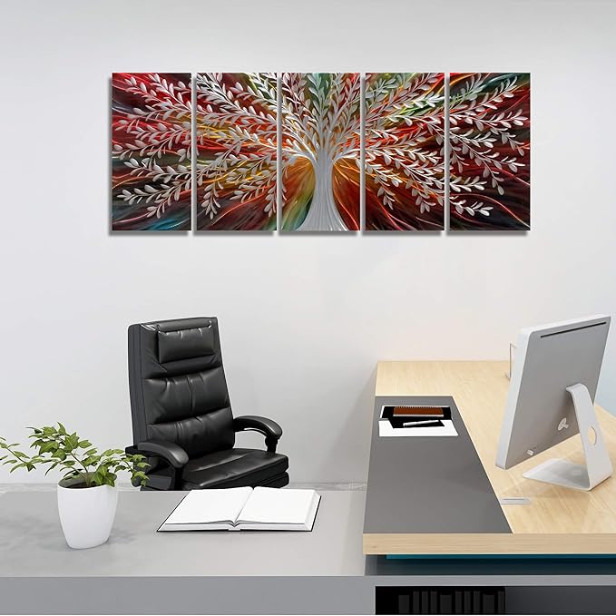 BATRENDY ARTS Silver Willow Metal Tree Wall Art for Livingroom Modern Abstract Colorful Artwork Brown and Red Landscape Home Decor Multi-panels 3D