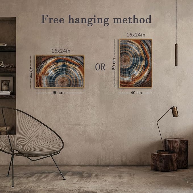 BingruiArt Framed Tree Ring Canvas Wall Art Abstract Wood Wall Decor Boho Modern Colorful Nature Painting Wood Stump Prints Pictures for Living Room Bedroom Bathroom Office 16"x24" Natural Framed(04)