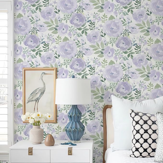 Orainege Floral Wallpaper Peel and Stick Wallpaper Floral Contact Paper 16.9in x196.8in Boho Peony Self Adhesive Removable Wall Paper for Bedroom Decor Vinyl, Purple