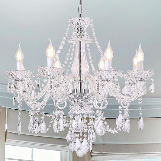 Contemporary Clear Crystal Chandelier, Elegant Candle Style Chandelier Lighting Fixture for Dining Room Living Room Bedroom Hallway Entryway 8 White E12 Lamp Sockets