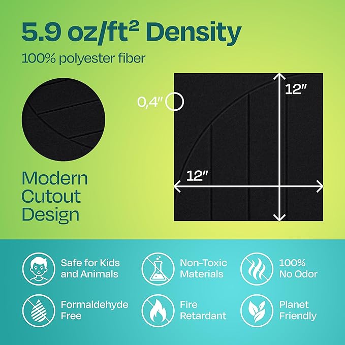 Acoustic Panels 12-Pack Soundproof Wall Panels 12"x12"x0.4" Decorative Sound Dampening for Your Home, Office, Studio, Bedroom & More with Unique ModuArc Carving [Deep Black]