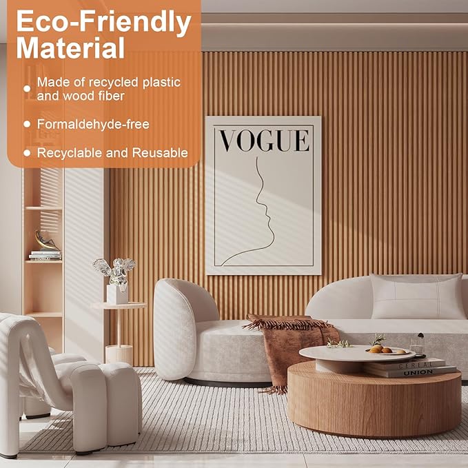 8-Pack WPC Slat Wall Panels, 96 x 6.6 in Decorative Acoustic Slats 3D Wall Panels, Water-Proof and Easy Installation, Teak