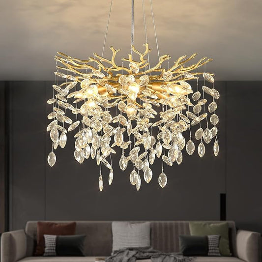 EGM Gold Tree Branch Crystal Chandelier 18-Inch, Crystal Chandelier for Dining Room 6-Light, Hanging Round Raindrop Chandeliers for Living Room E12