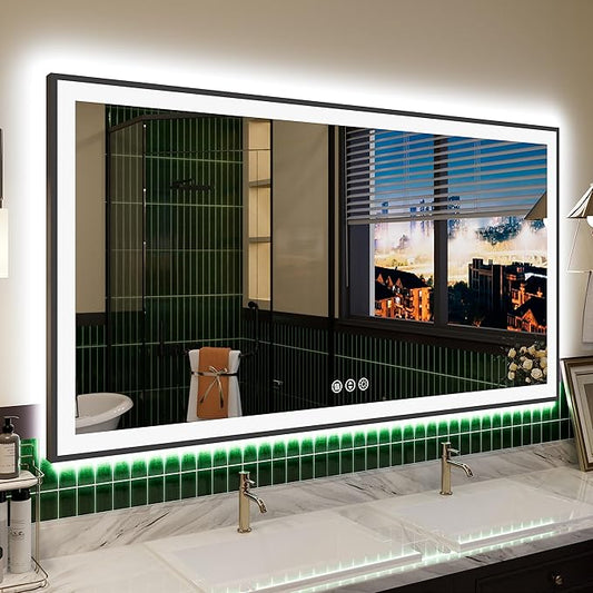 LED Bathroom Mirror 55x30 with Backlit and Front Lighted, Framed Dimmable Illuminated Mirror for Wall Anti-Fog Shatterproof (Horizontal/Vertical)