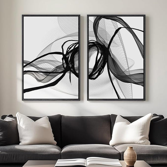 Large Framed Black and White Abstract Wall Art for Living Room, Set of 2 Modern Canvas Prints Paintings Artwork for Walls, Minimalist Lines Pictures for Dining Room Bedroom Office Wall Decor 24x36 In