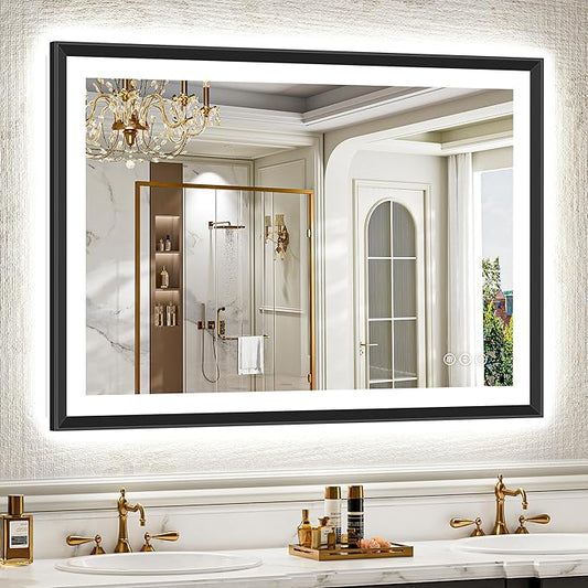 44x30 Black Framed Led Bathroom Mirror with Lights, Front Lit and Backlit, Lighted Vanity Mirror for Bathroom Wall, Anti-Fog, Dimmable, 3 Colors, Memory, HD Tempered Glass