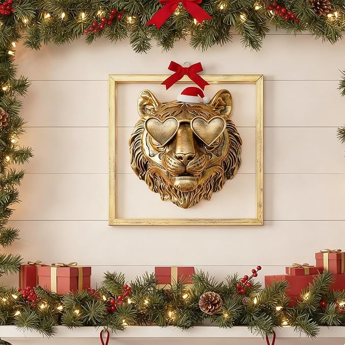Animal Heads Wall Decor (Includes Metal Frame) Resin Animals Sculptures Head Wall Hanging Decoration Gold vintage Wall Sculpture for Living Room Bedroom Office(Tiger)