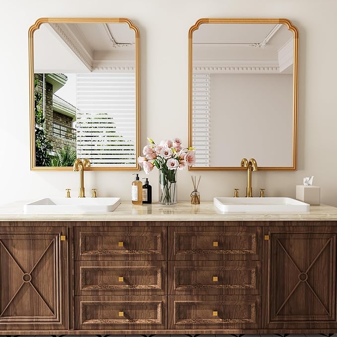 30" x 40" Wood Bathroom Mirror for Over Sink, Rustic Rounded Corner Vanity Mirror for Entryway, Living Room or Bedroom Home Decorative [Natural Color]