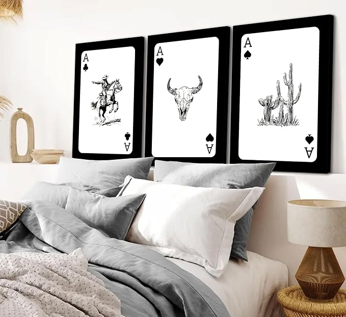 3Pcs Western Cowboy Canvas Wall Art Rustic Southwestern Style Poster Funny Creative Poker Ace Print Retro Western Aesthetic Image Cowboy Horse Bull Skull Cactus Painting for Bedroom Living Room Bathroom 16x24in Framed
