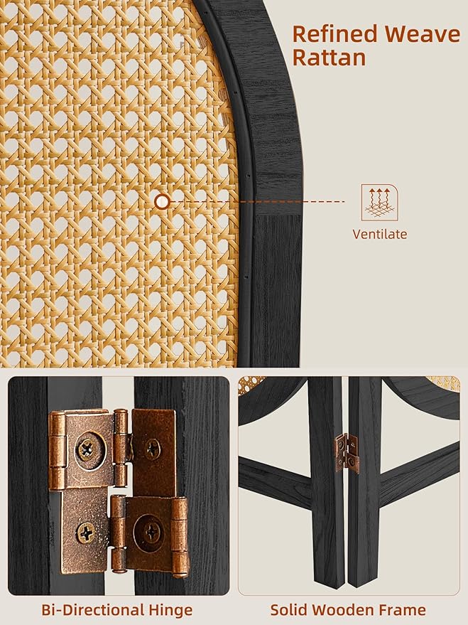 3 Panel Folding Room Divider, Hand-Woven Rattan Room Dividers and Folding Privacy Screens with Bi-Directional Hinge, Pre-Assembled Partition Room Dividers for Home Office Bedroom Restaurant, Black