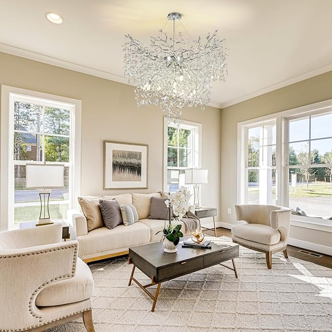 40 inch Crystal Chandelier for Dining Room, Round Silver Tree Branches Chandeliers, Top K9 Crystal Chandelier, Luxury Modern Chandeliers for Kitchen,Foyer Entryway, Living Room, Bedroom