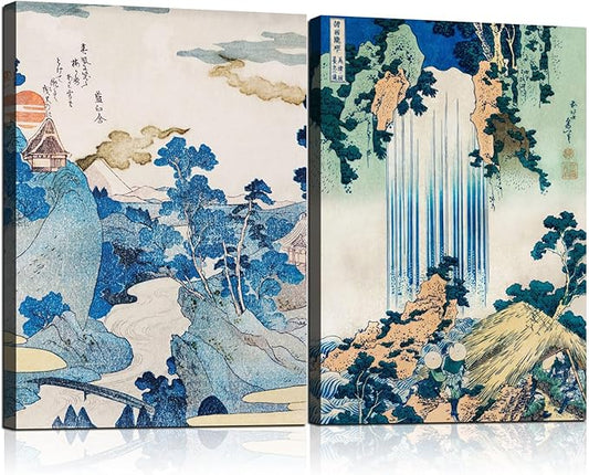 2Pcs Framed Landscape waterfall Japanese Ukiyo-e Wall Art Decor Canvas Print Picture Traditional Woodblock Print Style Poster Gallery Bedroom Living Room Office 12x16 Inch Ready to Hang