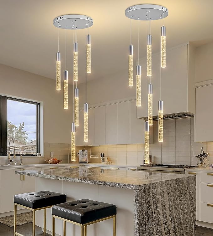 7-Lights High Ceiling Crystal Chandelier, Modern LED Raindrop Pendant Light Fixture 60" H Flush Mount Chandelier Chrome for Foyer Staircase Living Room