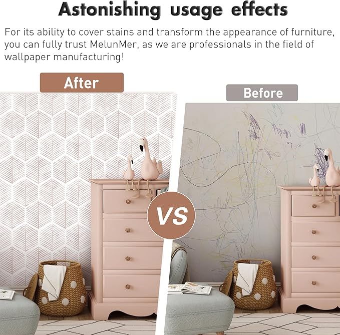 MelunMer Pink Modern Peel and Stick Wallpaper Boho Removable Self Adhesive 787''L 17.3''W Wallpaper for Bedroom/Bathroom Waterproof Contact Paper for Cabinets/Drawers Geometric Contact Paper Pink