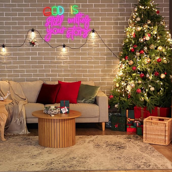 LISIGNVE God Is Still Writing Your Story Neon Sign USB Powered Christian Neon Light Sign Wall Decor Dimmable LED God Neon Light for Church Bedroom Wedding Birthday Party Neon Sign(16.5”*12.6”)